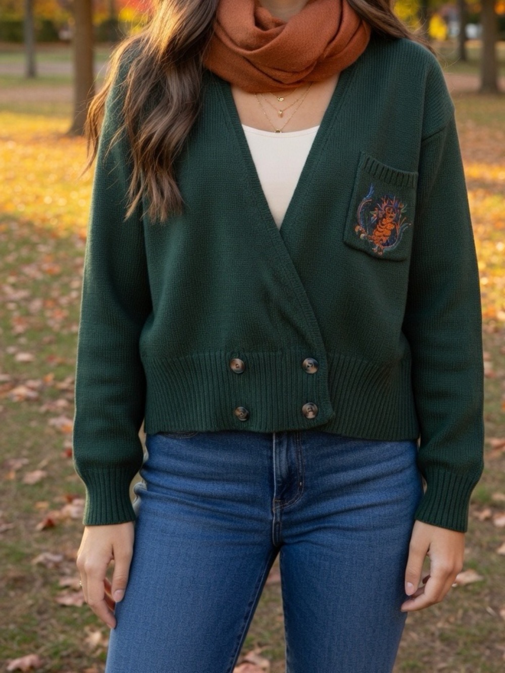 Vintage Herman Geist Green Owl Embroidered Wrap Cardigan Fall Cozy M